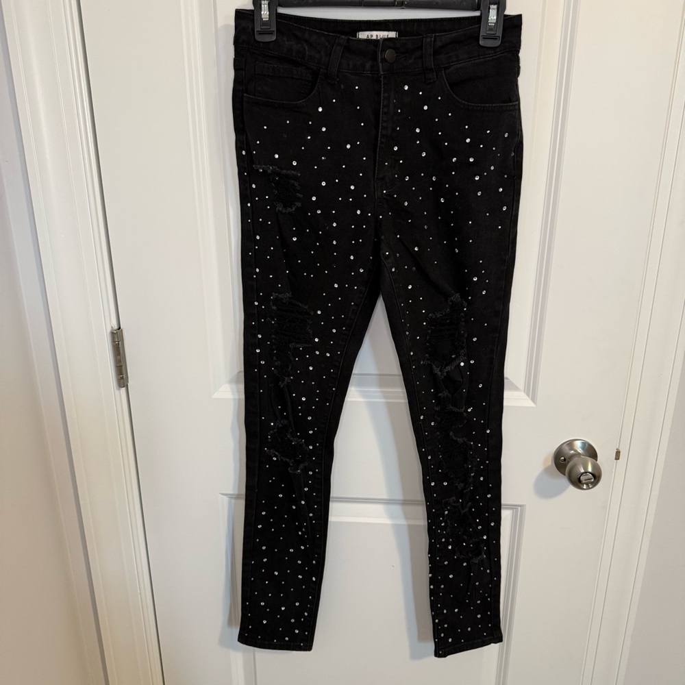 AP Blue by Aphrodite Womens Skinny Denim Jeans Rhinestones High‎ Rise Black Sz 7